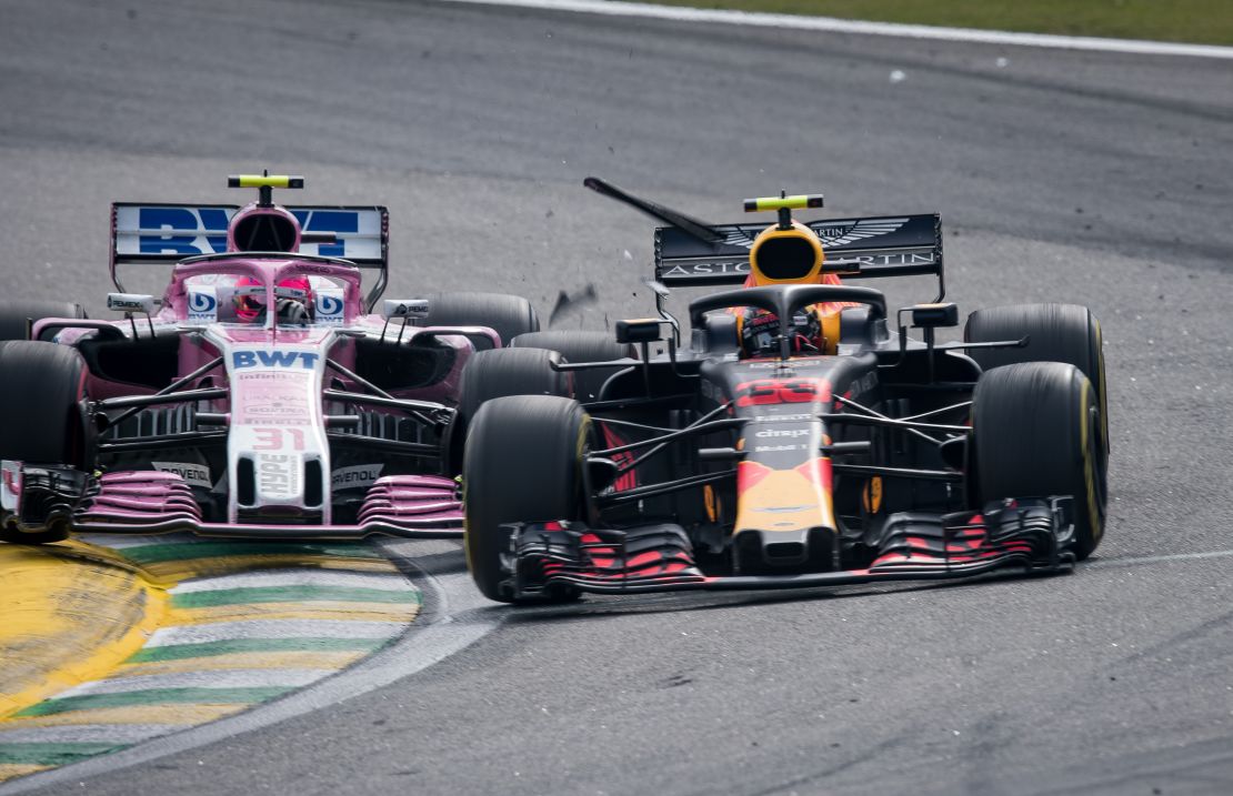 Force India driver Estaban Ocon crashes into Red Bull's Max Verstappen during the race.