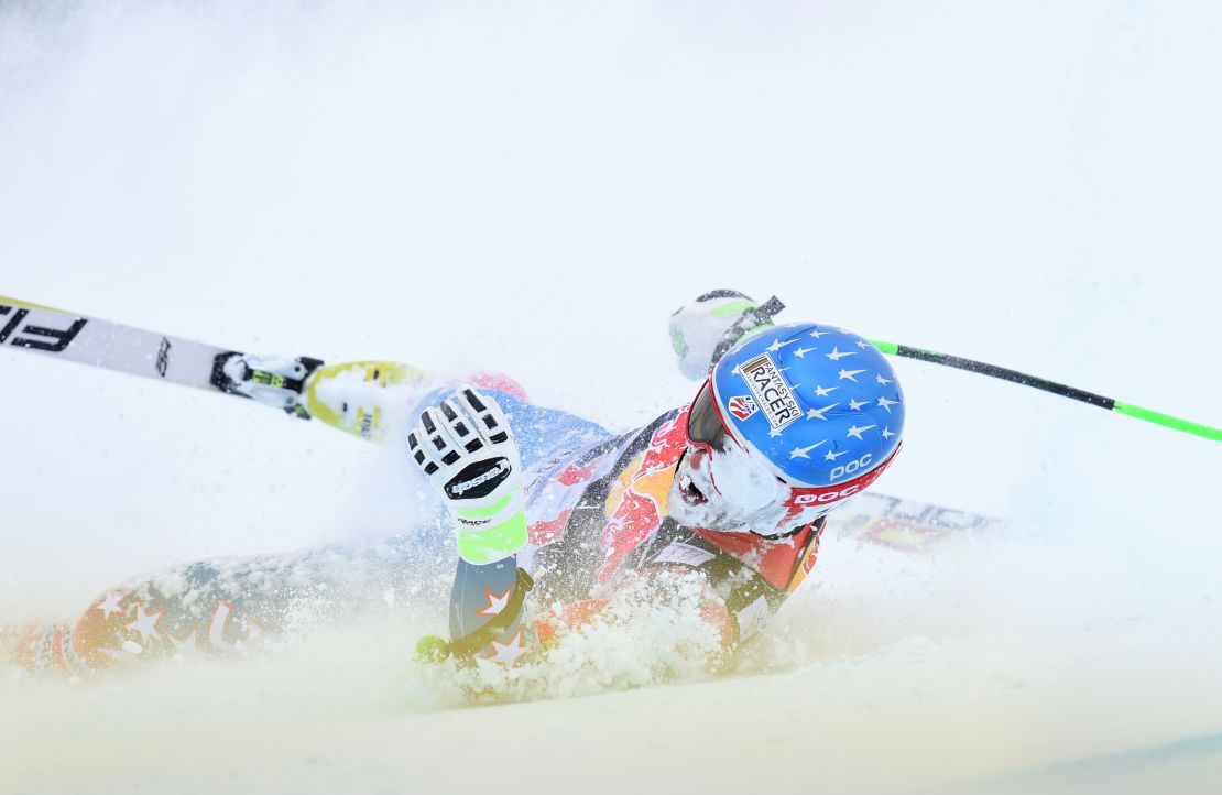 American downhiller Steve Nyman heads towards the 'red room' at Kitzbuehel.