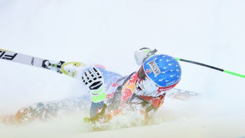 American downhiller Steve Nyman heads towards the 'red room' at Kitzbuehel.