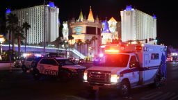 LAS VEGAS, NV - OCTOBER 02:  An ambulance leaves the intersection of Las Vegas Boulevard and Tropicana Ave. after a mass shooting at a country music festival nearby on October 2, 2017 in Las Vegas, Nevada. A gunman has opened fire on a music festival in Las Vegas, leaving at least 20 people dead and more than 100 injured. Police have confirmed that one suspect has been shot. The investigation is ongoing. (Photo by Ethan Miller/Getty Images)