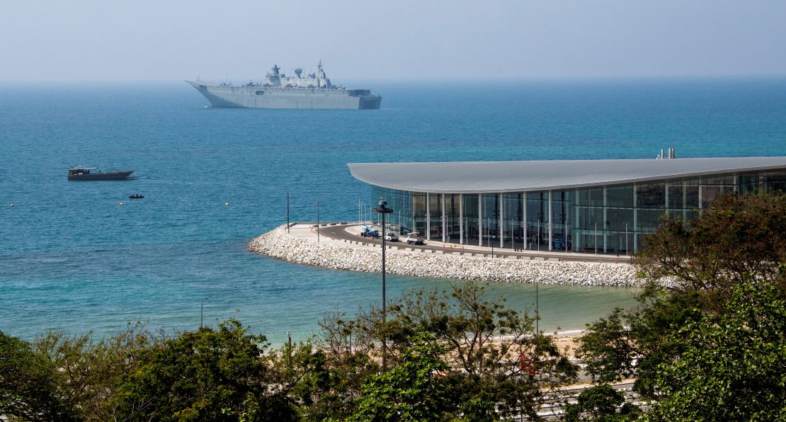 This photo taken on November 4, 2018, shows the Australian warship HMAS Adelaide moored off APEC Haus in Port Moresby, the host city for the upcoming Asia-Pacific Economic Cooperation (APEC) summit from November 17.