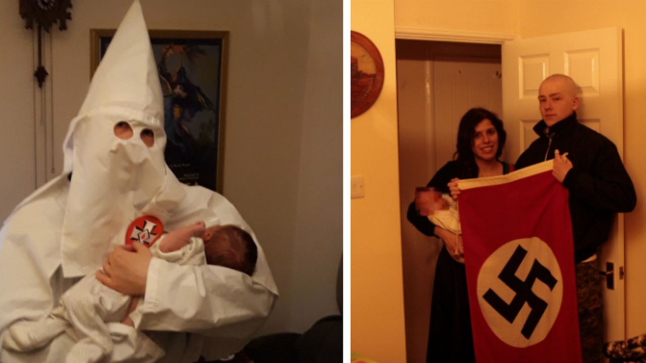 Pictured: left, Adam Thomas in KKK robes holding his son and, right, Claudia Patatas and Thomas with their son, holding a Nazi flag.