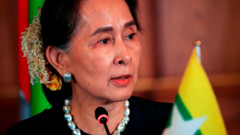 Myanmar's State Counselor Aung San Suu Kyi delivers a speech during a joint press announcement in Tokyo on October 9, 2018.