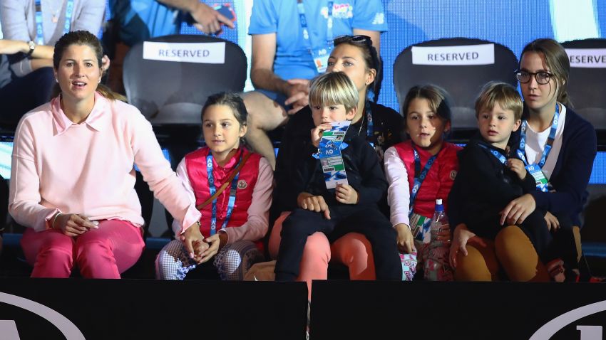 MELBOURNE, AUSTRALIA - JANUARY 13:  Mirka Federer wife of Roger Federer watches her husband take part in the annual Kids Tennis Day also watched by his four children Myla Rose Federer,Charlene Riva Federer,Lenny Federer and Leo Federer during Tennis Australia's Kids Day  ahead of the 2018 Australian Open at Melbourne Park on January 13, 2018 in Melbourne, Australia.  (Photo by Clive Brunskill/Getty Images)