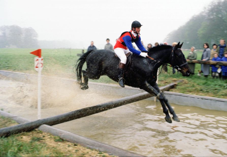 Charles rides a horse during an equestrian event in Cirencester, England, in April 1978.