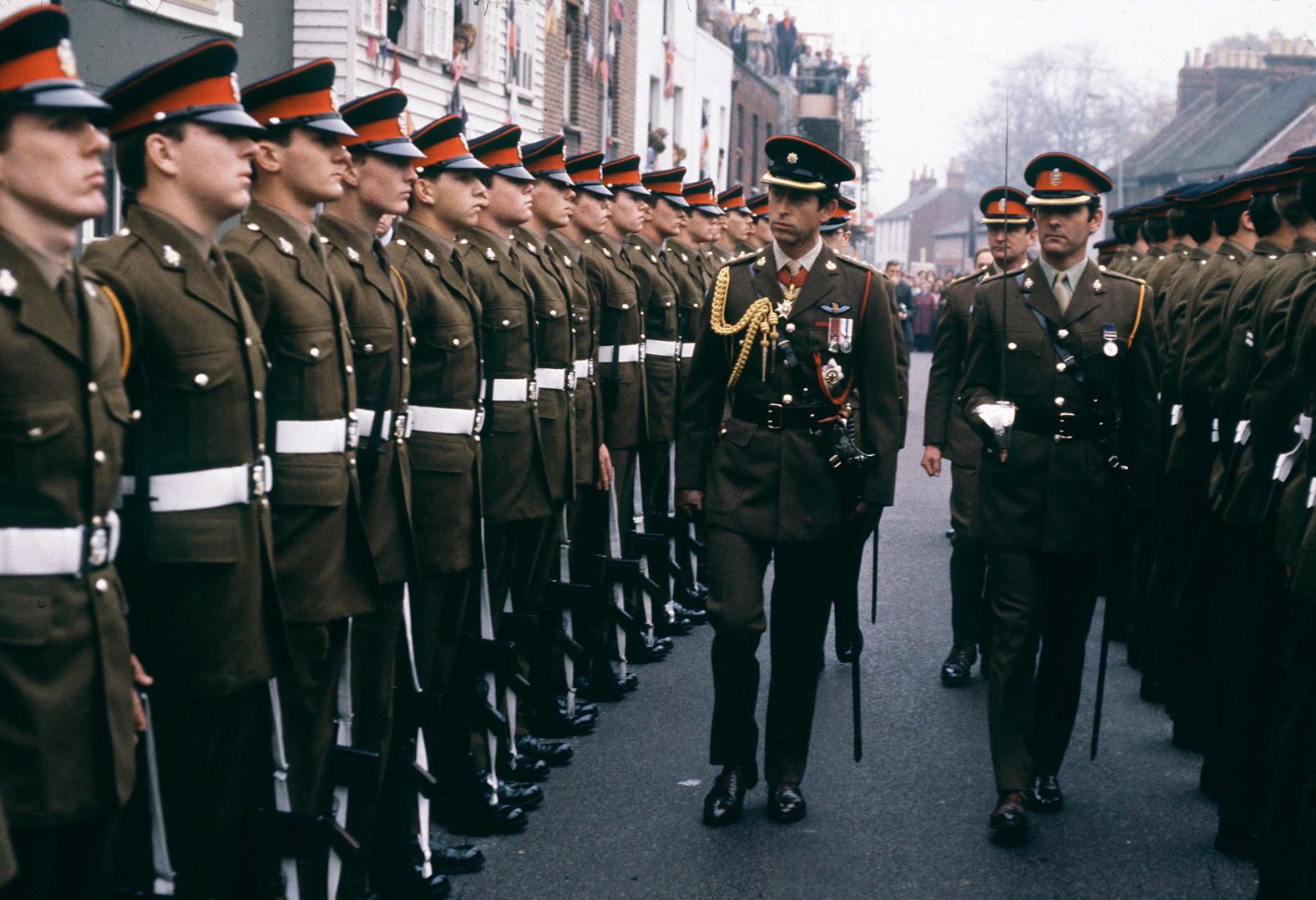 Charles, as colonel-in-chief, visits the Cheshire Regiment in Canterbury, England, in November 1978. He served in the Royal Navy from 1971 to 1976, and in 2012 his mother appointed him honorary five-star ranks in the navy, army and air force.