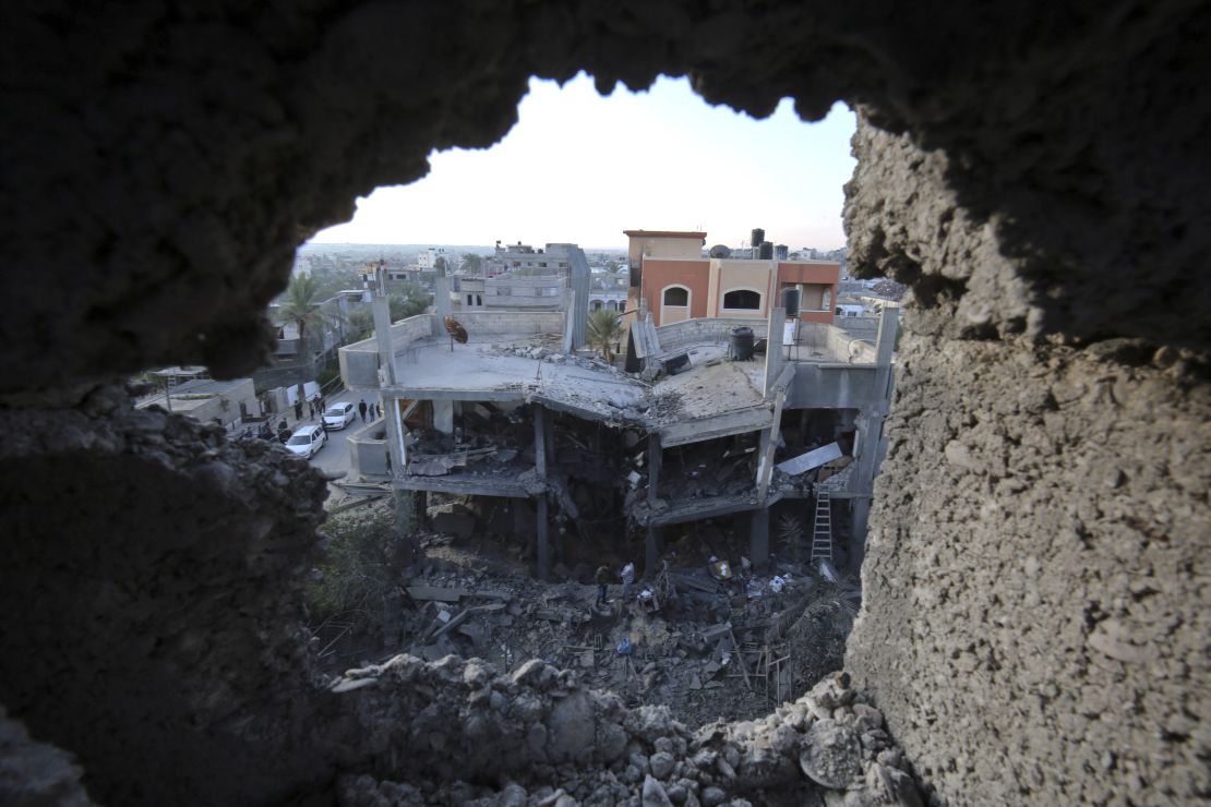 A residential building destroyed in an Israeli air strike in Khan Yunis in the southern Gaza Strip.