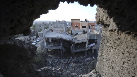 A residential building destroyed in an Israeli air strike in Khan Yunis in the southern Gaza Strip.