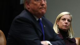 WASHINGTON, DC - JANUARY 04: (AFP OUT) U.S. President Donald Trump (L) and Homeland Security Secretary Kirstjen Nielsen (R) listen during a meeting in the Roosevelt Room of the White House January 4, 2018 in Washington, DC. President Trump met with Republican members of the Senate to discuss immigration.  (Photo by Alex Wong/Getty Images)
