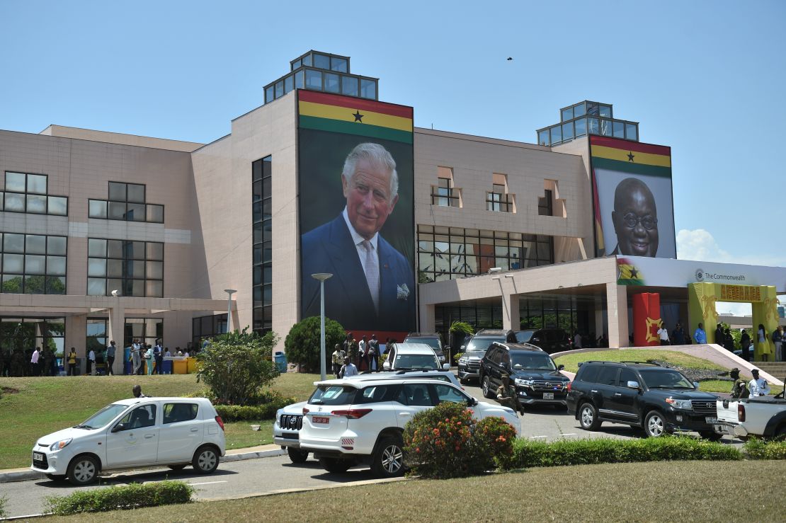 A giant portrait of Prince Charles outside a Young Entrepreneurs Event in Accra, Ghana, on November 5.