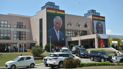 A giant portrait of Prince Charles outside a Young Entrepreneurs Event in Accra, Ghana, on November 5.