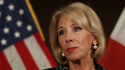 CORAL SPRINGS, FL - MARCH 07:  U.S. Education Secretary Betsy DeVos speaks to the news during a press conference held at the Heron Bay Marriott about her visit to Marjory Stoneman Douglas High School in Parkland on March 7, 2018 in Coral Springs, Florida.  DeVos was visiting the high school following the February 14 shooting that killed 17 people.