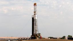 An oil/gas drilling rig, owned by Pioneer Energy Services, bores a well in the Bakken Formation (Williston Basin) north of Williston, ND on Sat., Sept. 8, 2018. (Larry MacDougal via AP)