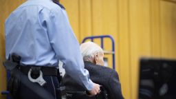 Johann Rehbogen, a 94-year-old former SS enlisted man, who is accused of hundreds of counts of accessory to murder for alleged crimes committed during the years he served as a guard at the Nazis' Stutthof concentration camp, sits in a wheelchair when arriving for the beginning of the third day of his trial at the regional court in Muenster, western Germany, Tuesday, Nov. 13, 2018. (Guido Kirchner/pool photo via AP)
