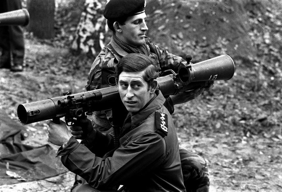 Charles prepares to fire a bazooka while visiting military barracks in West Berlin in October 1972.