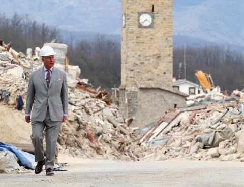 Prince Charles visits the Italian town of Amatrice in April 2017, after an earthquake had hit. 
