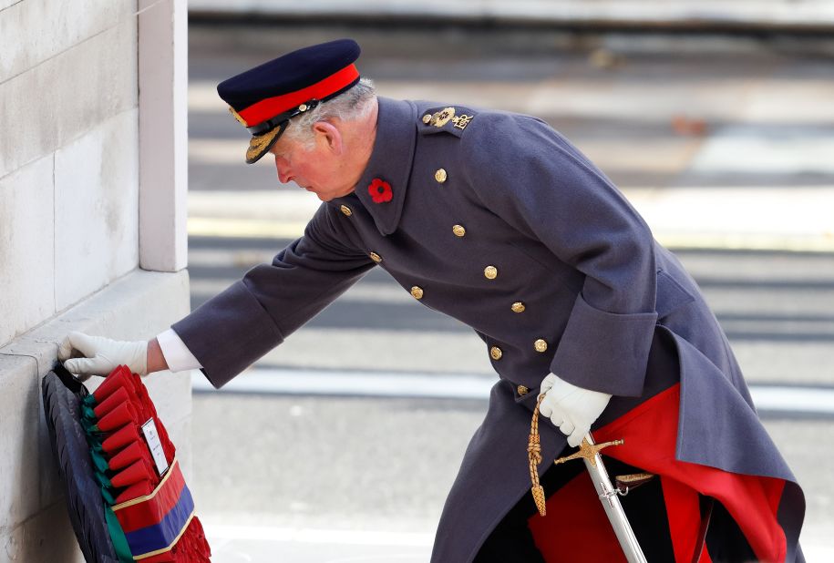 Charles lays a wreath at the Cenotaph in London to commemorate Remembrance Day in November 2018. It was also the 100th anniversary of the end of World War I.