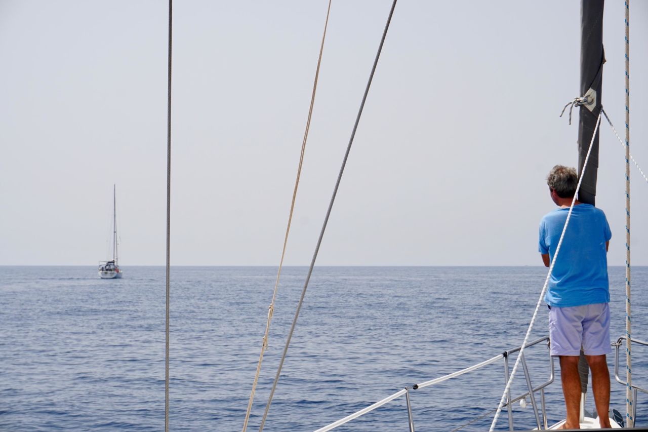 At one point during a journey to Tunisia, the wind was benign so we put the sails away and put on the engine to ensure we remained on schedule to arrive at Gammarth marina in daylight.