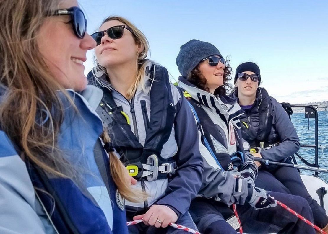 Assael Goussev (on the right) skippering the all female crew on 'Sail Like A Girl'. The notion of sailing without a notion initially scared her but she loved the feeling of being powered entirely by nature.