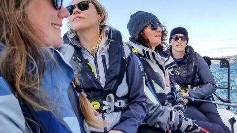 Assael Goussev (on the right) skippering the all female crew on 'Sail Like A Girl'. The notion of sailing without a notion initially scared her but she loved the feeling of being powered entirely by nature.