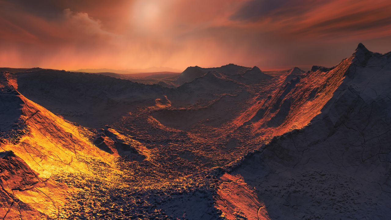 This image shows an artist's impression of the surface of Barnard's star b, a cold Super-Earth discovered orbiting Barnard's star 6 light-years away.