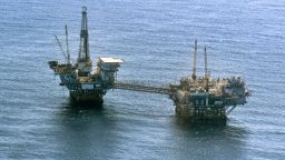 SANTA ANA, CALIFORNIA - JUNE 28: Oil rigs off the coast of Huntington Beach, which offer a home for marine life below the surface, are seen during a new eco-tour put on by IEX Helicopters out of John Wayne Airport in Santa Ana, on Thursday, June  28, 2018. The Heli-Marine Expedition takes tours above Southern California coastline to search for dolphins, whales and other sea creatures. 