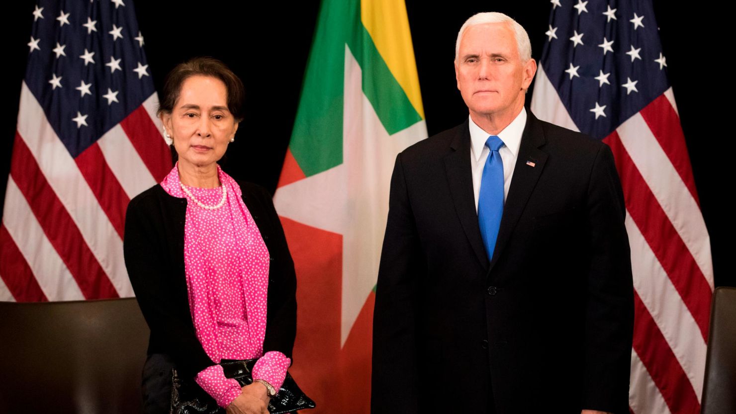 US Vice President Mike Pence and Myanmar State Counsellor Aung San Suu Kyi on the sidelines of the ASEAN summit in Singapore,  November 14, 2018.  