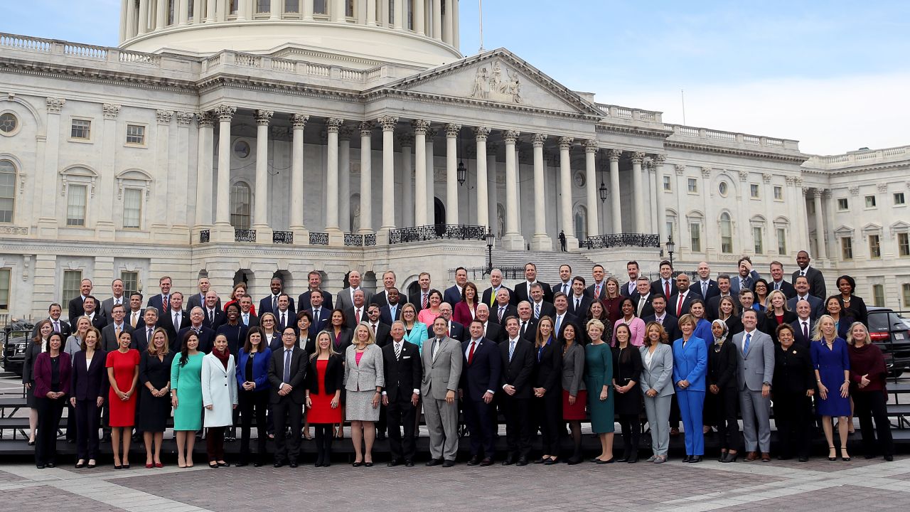 WASHINGTON, DC - NOVEMBER 14: Newly elected members of the House of Representatives pose for an official class photo outside the U.S. Capitol on November 14, 2018 in Washington, DC. Newly elected members of the House are in Washington this week for orientation meetings.  (Photo by Win McNamee/Getty Images)