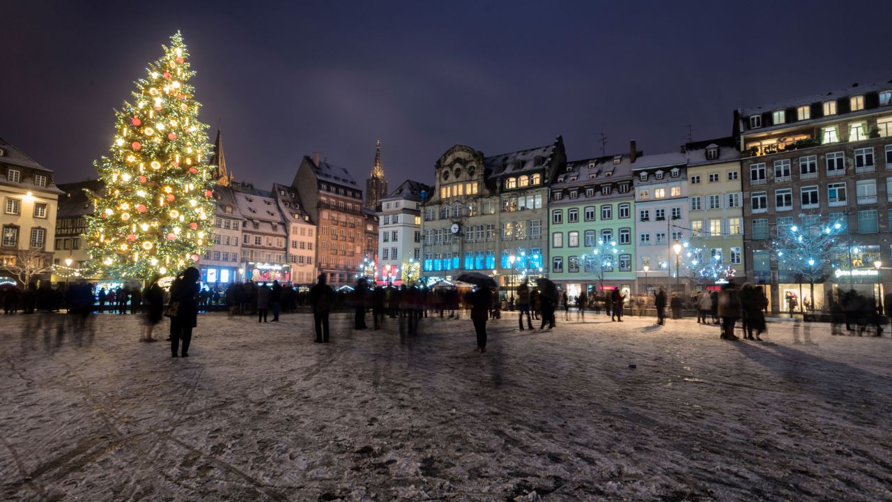 <strong>Strasbourg, France:</strong> A light layer of snow covers the Place Kleber square in downtown Strasbourg.
