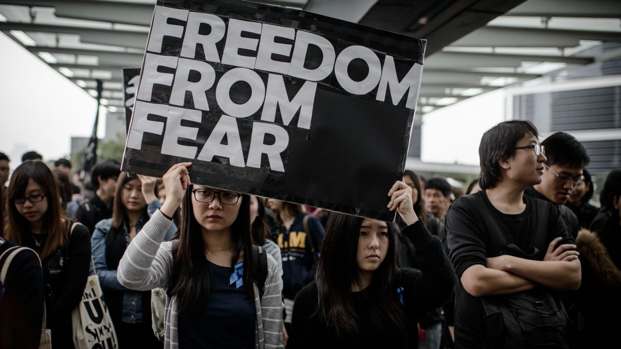 Protesters display placards during a rally  to support press freedom in Hong Kong on March 2, 2014.