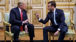 US President Donald Trump (L) speaks s with French president Emmanuel Macron prior to their meeting at the Elysee Palace in Paris, on November 10, 2018, on the sidelines of commemorations marking the 100th anniversary of the 11 November 1918 armistice, ending World War I. (Photo by Christophe Petit-Tesson / POOL / AFP)        (Photo credit should read CHRISTOPHE PETIT-TESSON/AFP/Getty Images)