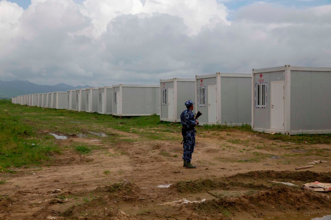 Myanmar border police secure a newly set up Hla Phoe Khaung transit camp intended for the repatriation of Rohingya refugees from Bangladesh.