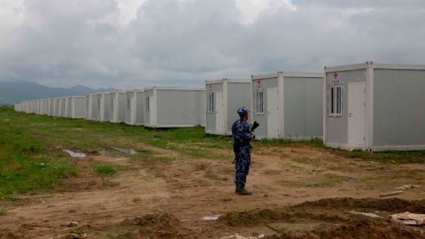 Myanmar border police secure a newly set up Hla Phoe Khaung transit camp intended for the repatriation of Rohingya refugees from Bangladesh.