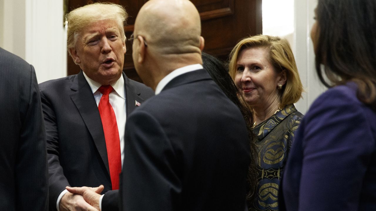 Deputy National Security Adviser Mira Ricardel, right, watches as President Donald Trump arrives for a Diwali ceremonial lighting of the Diya in the Roosevelt Room of the White House, Tuesday, Nov. 13, 2018, in Washington. In an extraordinary move, first lady Melania Trump is publicly calling for the dismissal of Ricardel. After reports circulated that the president had decided to remove Ricardel, the first lady's spokeswoman issued a statement saying: "It is the position of the Office of the First Lady that she no longer deserves the honor of serving in this White House." Ricardel is national security adviser John Bolton's deputy. 