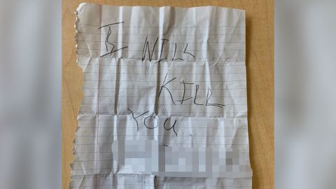 The second note, received by the fifth-grader on Tuesday. CNN obscured parts of this photograph to protect the victim's identity. 