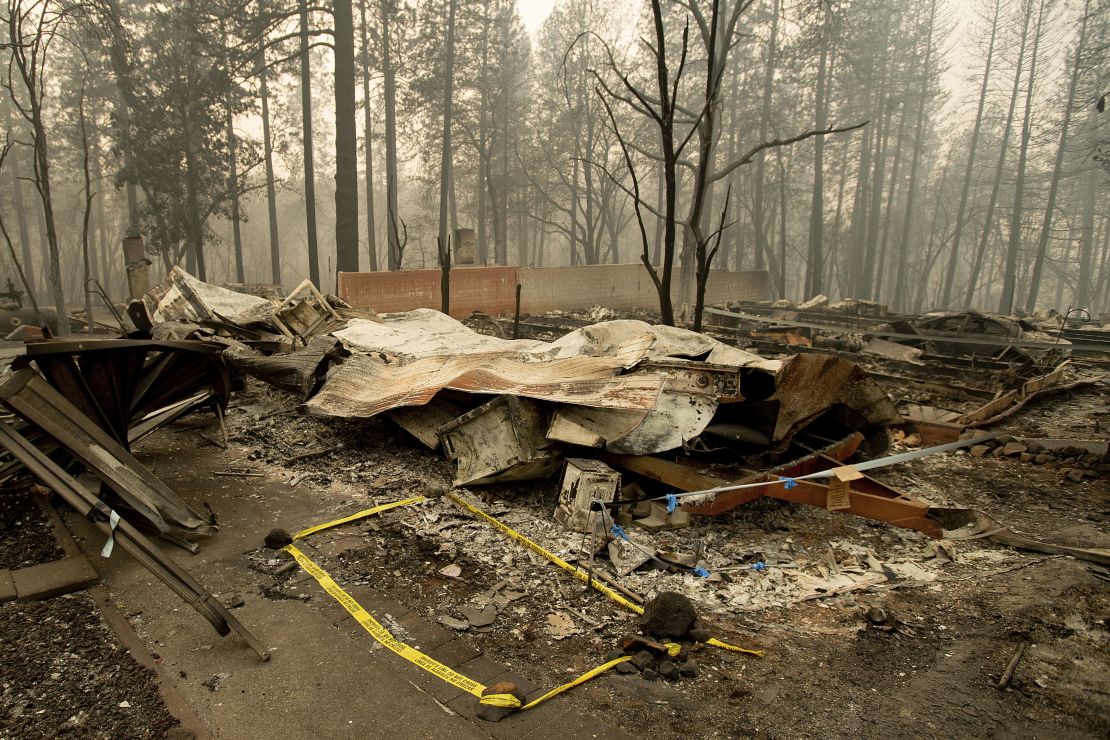 Tape outlines the location where deputies recovered the body of a Camp Fire victim Wednesday.