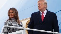 US President Donald Trump and First Lady Melania Trump board Air Force One at Joint Base Andrews in Maryland, November 9, 2018, as they travel to Paris. (Photo by SAUL LOEB / AFP)       