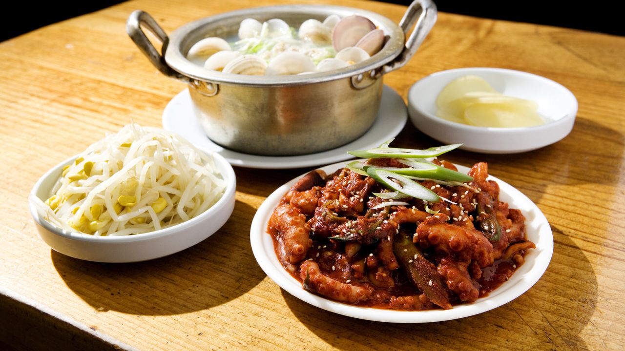 <strong>Nakji bokkeum:</strong> In this enduring favorite, octopus is stir-fried with vegetables in a sauce of chili paste, chili powder, green peppers and chili peppers -- ingredients that would be spicy enough on their own, but which all congregate to create one extra fiery dish.