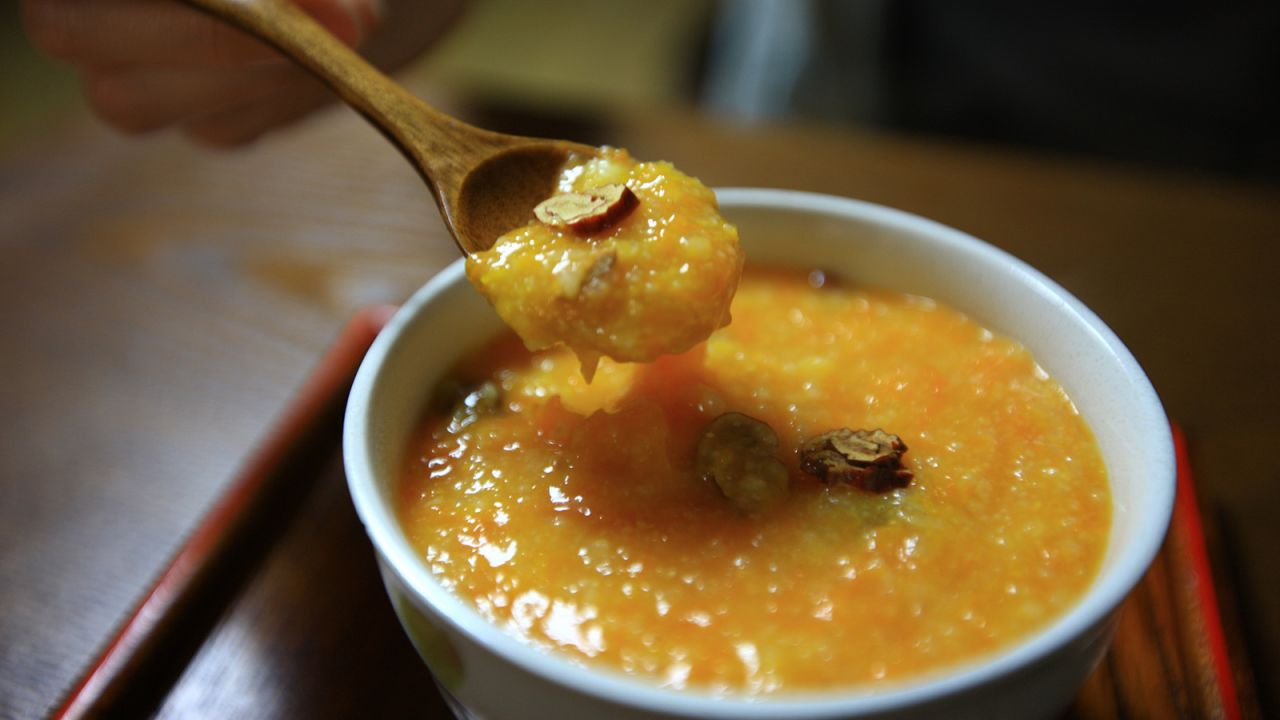 <strong>Hobakjuk:</strong> This viscous, yellow-orange juk, or porridge, gets its distinctive color and flavor from the pumpkin, its namesake and its main ingredient. The pumpkin is peeled, boiled, and blended with glutinous rice flour, and the result is a bowl of porridge so creamy, golden and sweet that in some ways it seems more pudding than porridge.