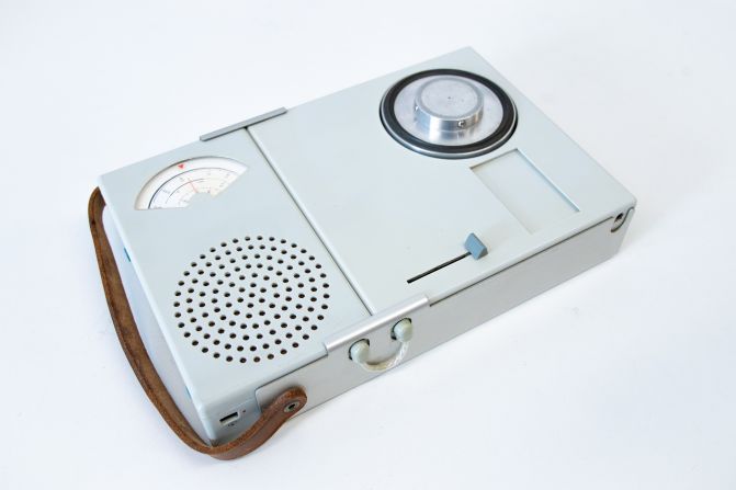 Braun's TP1 portable record player from 1959. The record was unconventionally played from the bottom, as the head rose from a slot in the body of the device.