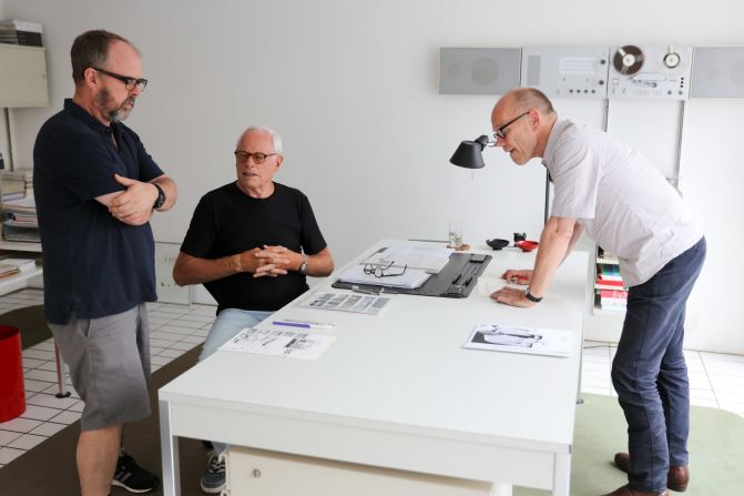 Dieter Rams with Gary Hustwit and designer Erik Spiekermann during filming.