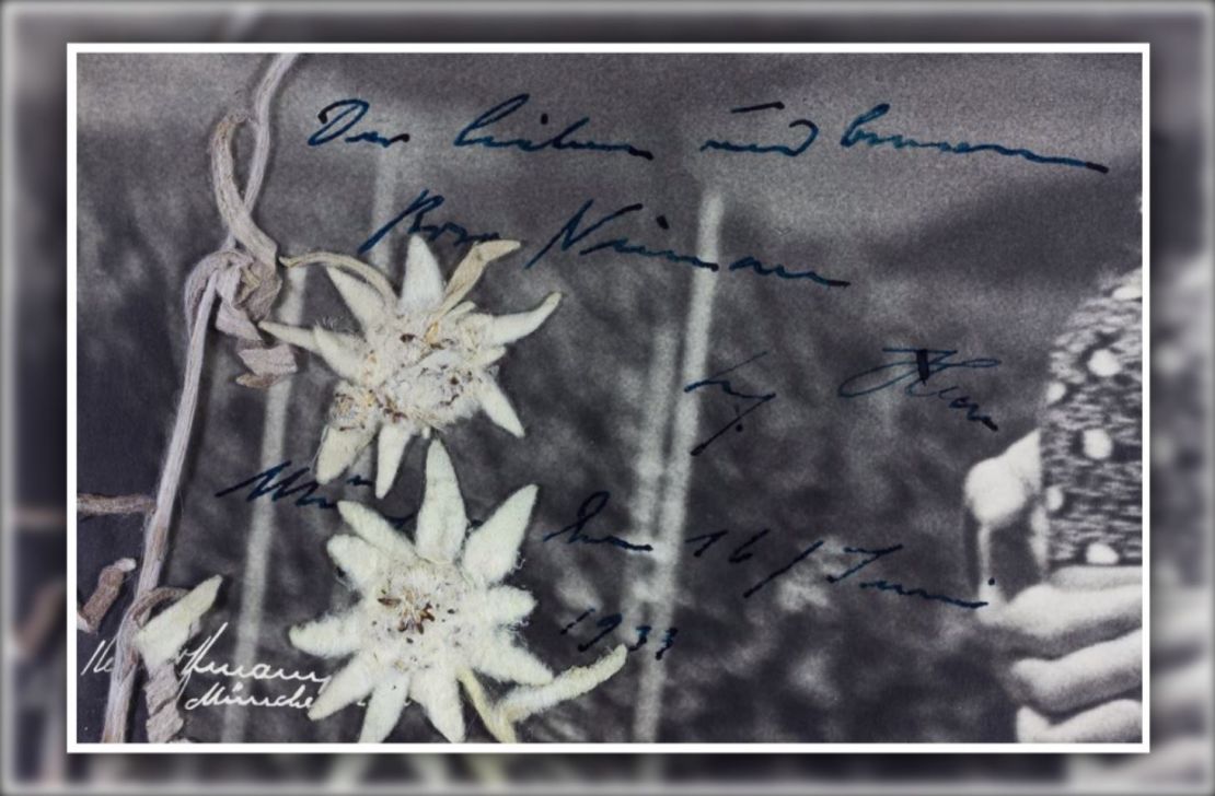 A close-up shot of Hitler's handwritten message on the photograph, translated by the auction house as saying "The dear and (considerate?) Rosa Nienau Adolf Hitler Munich, the 16th June 1933."