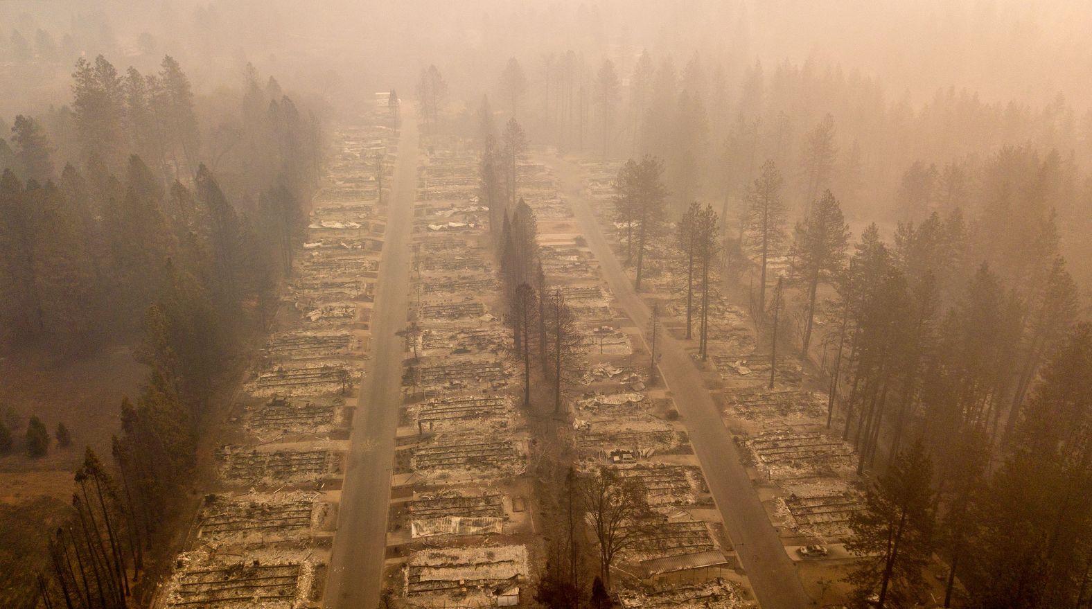 A burned neighborhood is seen on Thursday, November 15, in Paradise, California.