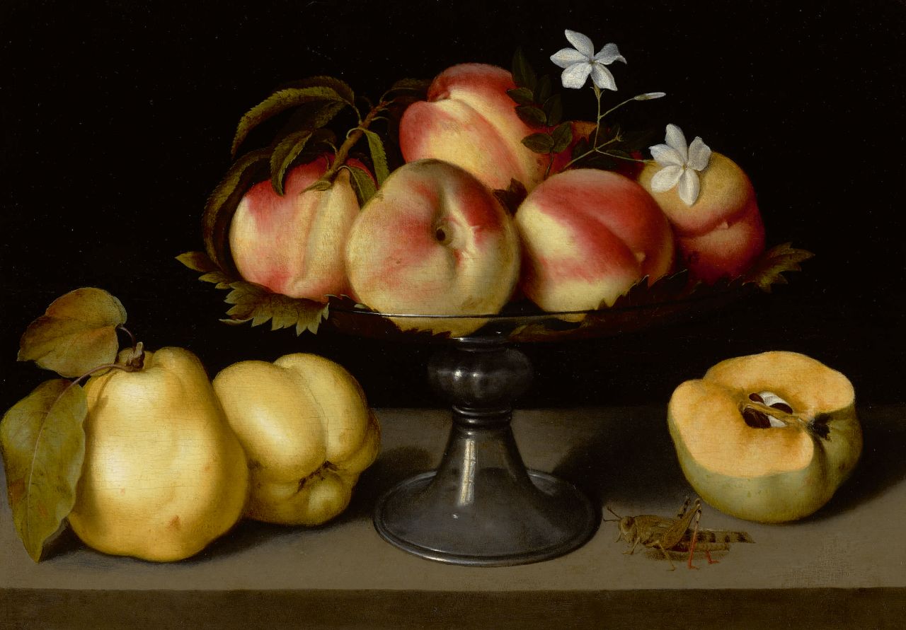 "A glass compote with peaches, jasmine flowers, quinces, and a grasshopper" (c.1610) by Fede Galizia will be included in "The Triumphant" with an upper estimate of $3 million.