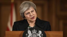 Britain's Prime Minister Theresa May speaks during a press conference inside 10 Downing Street in London, Thursday, Nov. 15, 2018. Two British Cabinet ministers, including Brexit Secretary Dominic Raab, resigned Thursday in opposition to the divorce deal struck by Prime Minister Theresa May with the EU — a major blow to her authority and her ability to get the deal through Parliament. (AP Photo/Matt Dunham, Pool)