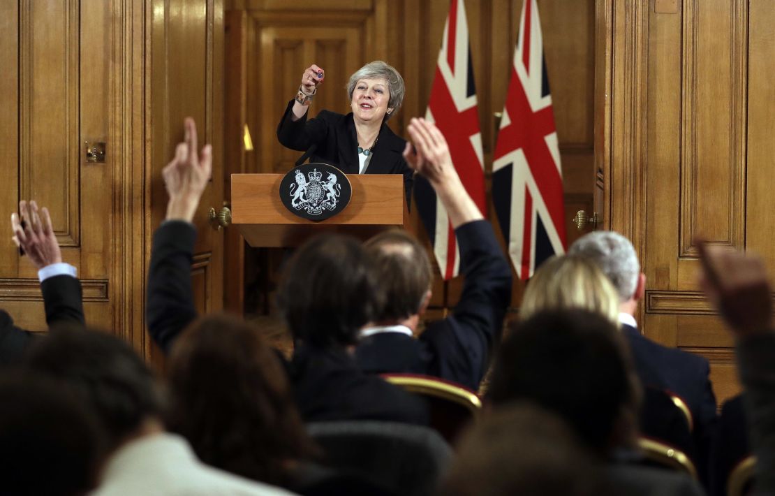 Theresa May takes questions during a press conference Thursday.
