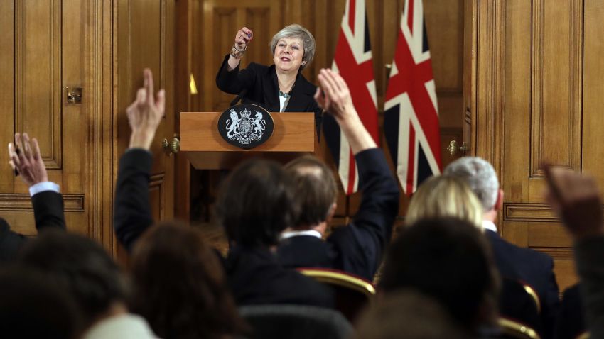 Britain's Prime Minister Theresa May takes questions during a press conference inside 10 Downing Street in London, Thursday, Nov. 15, 2018. Two British Cabinet ministers, including Brexit Secretary Dominic Raab, resigned Thursday in opposition to the divorce deal struck by Prime Minister Theresa May with the EU — a major blow to her authority and her ability to get the deal through Parliament. (AP Photo/Matt Dunham, Pool)