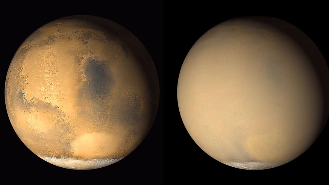 Mars is known to have planet-encircling dust storms. These 2001 images from NASA's Mars Global Surveyor orbiter show a dramatic change in the planet's appearance when haze raised by duststorm activity in the south became globally distributed.