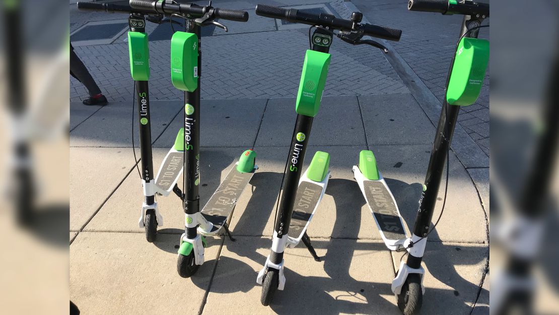 This photo, taken in October, shows several scooter models that Lime previously available in Washington DC. Okai says the scooter on the far left, and second from the right, isn't its scooter.