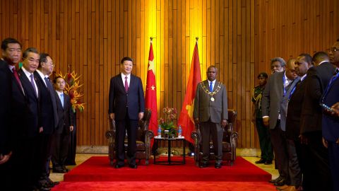 China's President Xi and Papua New Guinea's Governor General Bob Dadae stand before a meeting at Parliament House in Port Moresby on November 16.